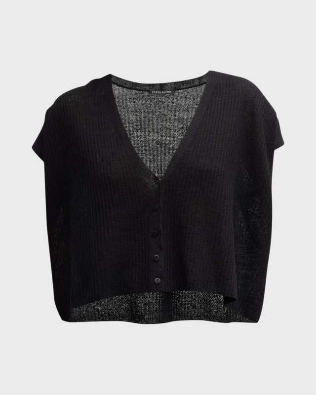 Ribbed Button-Front Short-Sleeve Cardigan